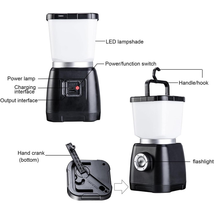 Ліхтар для кемпінгу з ручним керуванням ємністю 6000 мАг, водонепроникний, акумуляторний, подвійний світлодіодний ліхтар IPX7, портативний зарядний пристрій, 22 години роботи, аварійне освітлення для кемпінгу, (ЧОРНИЙ) Чорний