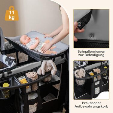 Ліжечко-дорожнє COSTWAY 6-в-1 з матрацом, портативна дитяча колиска з регульованим балдахіном, складне дитяче ліжко/спальне місце з пеленальний килимок, музичний мобіль та сумка для перенесення для дітей до 3 років, вантажопідйомність 15 кг (сірий) (1 упа