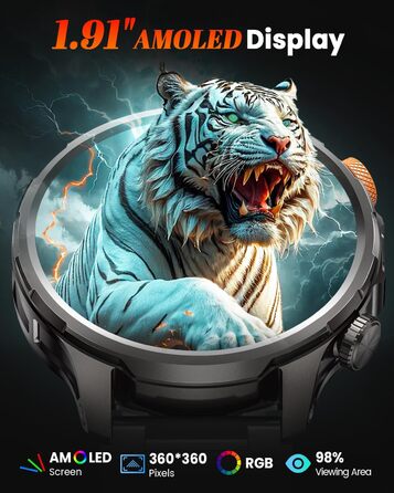 Чоловічий військовий смарт-годинник з акумулятором 1000 мАг, 1,91-дюймовим AMOLED-дисплеєм, світлодіодним ліхтариком/водонепроникним фітнес-годинником до 5 атм з функцією телефону, понад 110 спортивних режимів/пульсометром/монітором сну/SpO2, сумісним з i