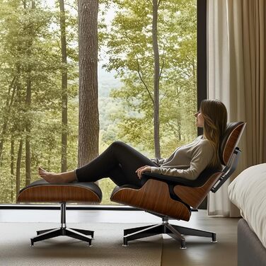 Крісло-рекламо зі штучної шкіри з пуфом, сучасне крісло під телевізор, обертовий шезлонг з пуфом, фіксований кут нахилу 105, унікальний дизайн з м&39якою подушкою, чорна штучна шкіра, каркас під горіхове дерево