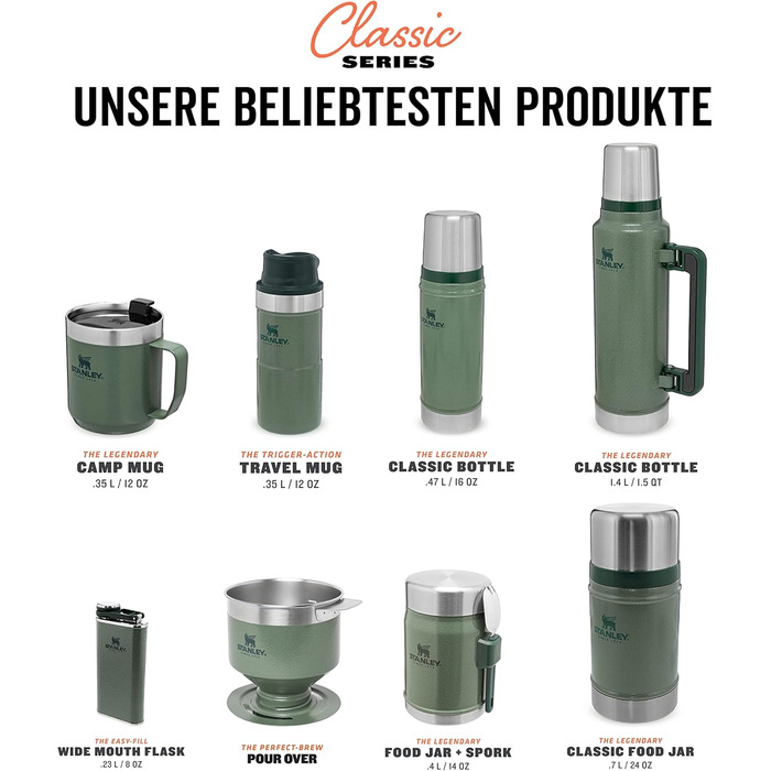 Термос Stanley Classic Legendary - Зберігає температуру гарячою або холодною протягом 24-32 годин - Можна мити в посудомийній машині - Герметична кришка служить чашкою - Ізольована пляшка без BPA - Термос з нержавіючої сталі