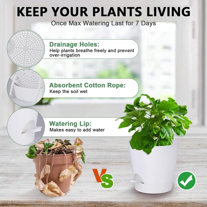 Квітковий горщик 20,3 см, пластиковий квітковий горщик із системою поливу, 2 горщики для рослин, сучасний для кімнатних та балконних садових рослин, сукулентів, кактусів (білий) Білий 20,3 см