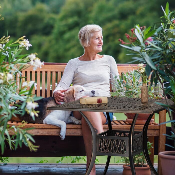 Садовий стіл Relaxdays з отвором для парасольки, античний вигляд, литий алюміній, 75 x 90 x 90 см, прямокутний балконний стіл, чорний/бронзовий