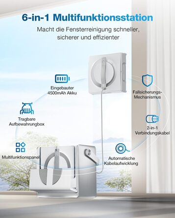 Робот для миття вікон з багатофункціональною станцією 6 в 1, вбудованим акумулятором 4500 мАг, режимом очищення країв, технологією