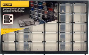 Ящик для зберігання дрібних деталей STANLEY (36,5x15,5x22,5 см, з 30 шухлядами, небиткий пластиковий каркас, прозорі шухляди, підх