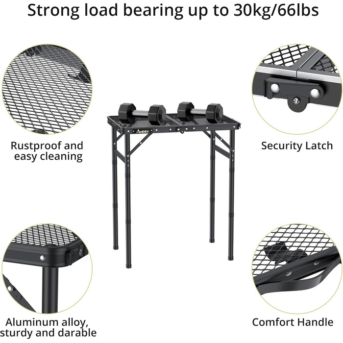 Стіл для кемпінгу Anbte, розкладний стіл з 3 регульованими висотами, стіл для гриля з алюмінію, 60*40 см, стіл-валіза з металевою сітчастою стільницею, легкий та портативний, садовий стіл, пивний стіл для пікніків на пляжі (чорний)