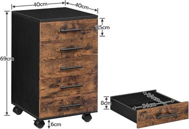 Шафа для документів HOOBRO, мобільна підставка з 5 шухлядами, дерев&39яна офісна шафа, комод для зберігання речей, індустріальний стиль, легке складання, сільський колір, темно-коричневий та чорний EBF05WJ01G1