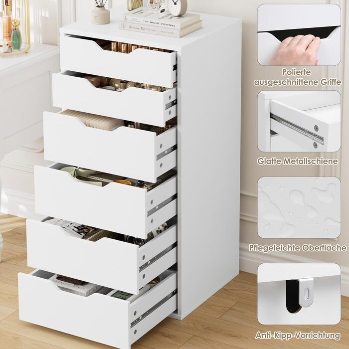 Комод з 6 шухлядами, вузький комод для спальні, вітальні, офісу, передпокою, 45x40x90,5 см, білий