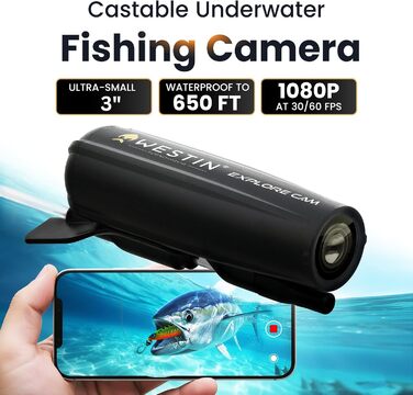 Підводна камера Westin Explore 28g - Рибальський аксесуар для лову коропа, камера для стежок з роздільною здатністю Full HD 1080p, водонепроникність до 200 м, яскраві кольори, час роботи від батареї 1 год 25 хв