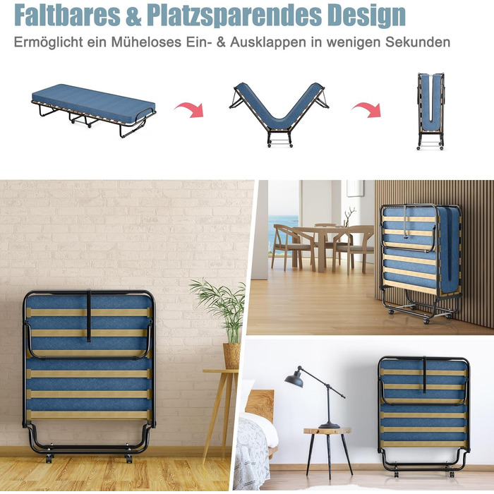 Гостьове ліжко COSTWAY 80x190 см з матрацом з піни з ефектом пам&39яті, розкладне односпальне ліжко, міцне металеве ліжко (витримує вагу до 130 кг), розкладне ліжко на колесах, ліжко для кемпінгу, переносне ліжко, синє 80 x 190 x 33 см
