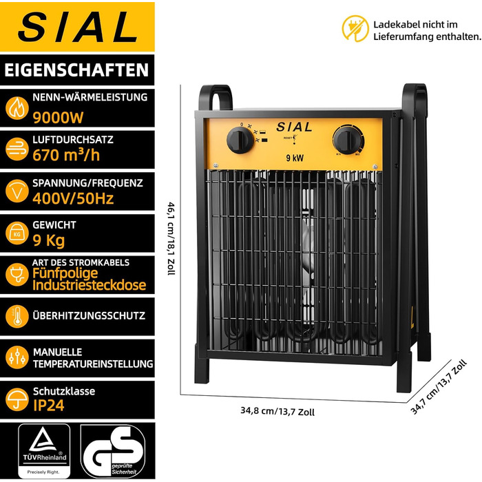 Електричний обігрівач SIAL 9000 Вт, 400 В - Будівельний обігрівач/осушувач повітря - Промисловий обігрівач з 2 режимами нагріву - Для гаражів, майстерень, будівельних майданчиків - DA9 - Чорний 9 кВт-Чорний