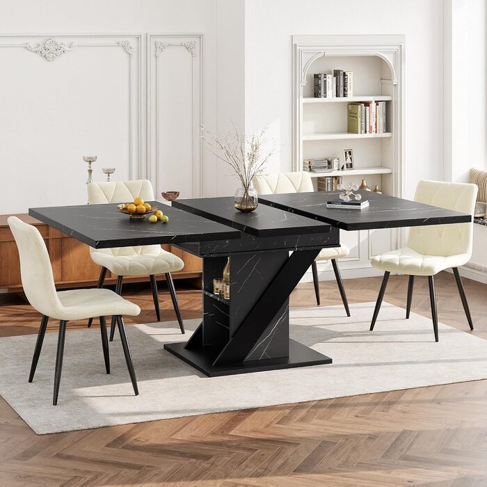 Розсувний обідній стіл з місцем для зберігання, ніжки столу для 4-6 осіб, обідній/кухонний стіл з характерним візерунком, дерев&39яний обідній стіл, розсувний, 110-140x80x75 см, чорний