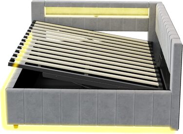 М&39яке ліжко/диван-ліжко 140x200, двоспальне ліжко з гідравлічним відділенням для зберігання, світлодіодним підсвічуванням та функцією заряджання через USB, кушетка/дитяче ліжко з рейковим каркасом, оксамитова тканина, без матраца, світло-сірий 140x200 с