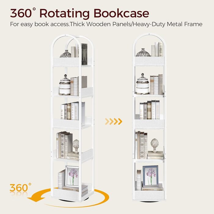 Обертова на 360 5-ярусна книжкова полиця, окремостояча полиця із захистом країв, 30 x 30 x 160 см, полиця для зберігання, для вітальні, кабінету, біла ABKBW3501