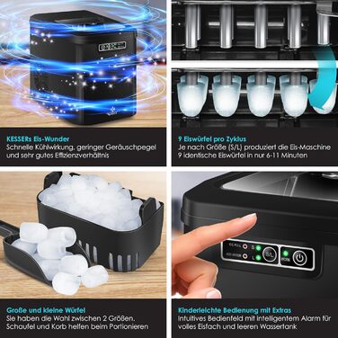 Льодогенератор KESSER Машина для виробництва кубиків льоду з нержавіючої сталі Льодогенератор 12 кг 24 год Приготування за 7 хв Резервуар для води об'ємом 2,2 літра 2 розміри кубиків льоду Світлодіодний дисплей Функція самоочищення Чорний