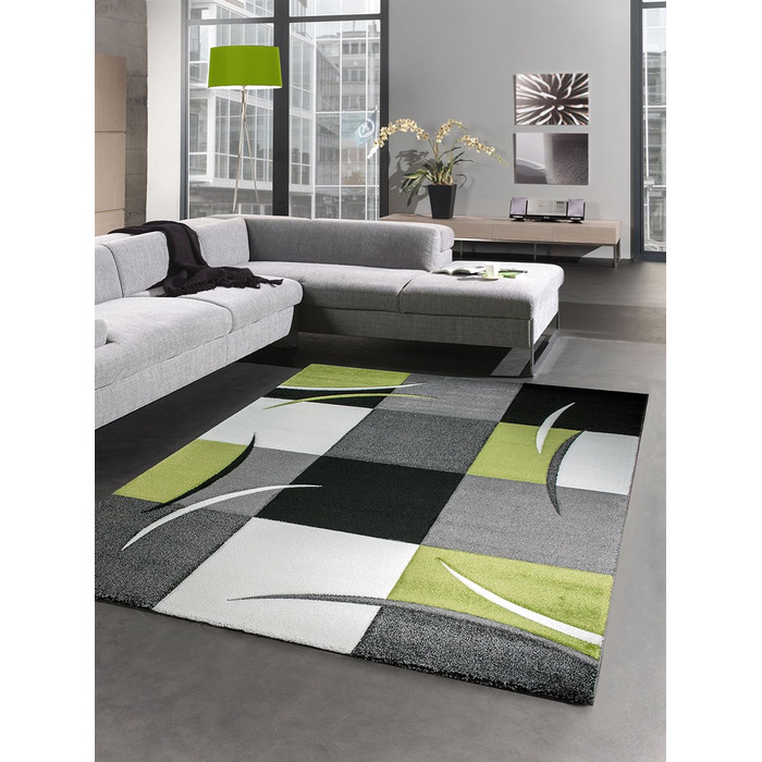 Дизайнерський килим для вітальні килим в клітинку зелений сірий кремовий чорний розмір 60x110 см