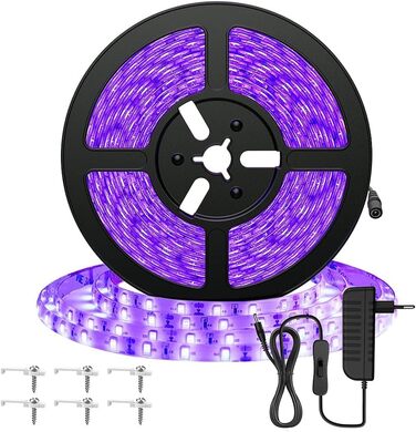 Елегантна ультрафіолетова світлодіодна стрічка 5M чорна світлова стрічка з блоком живлення, гнучка стрічка 12 В 300 світлодіодів, самоклеюча 2835 світлова стрічка УФ лампа, світлова смуга чорне світло для вечірки, бару, неонових кольорів, клубу, дискотеки