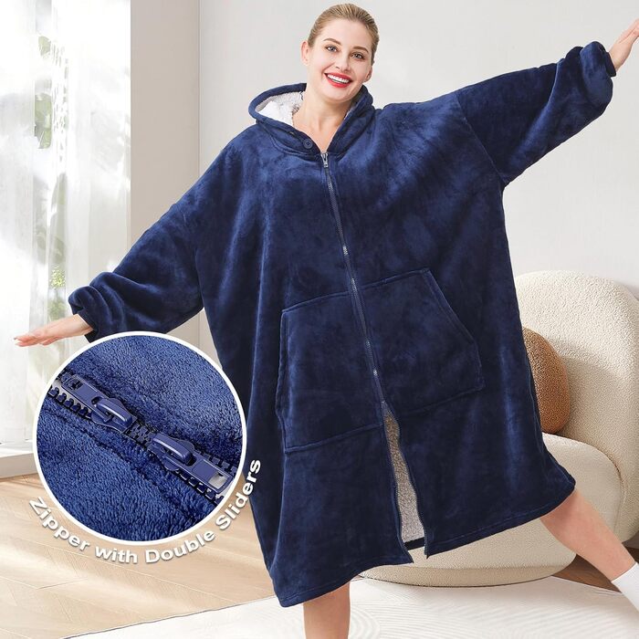 Ковдра з капюшоном на блискавці, жіноча, щільна, з рукавами, великий щільний светр, жіноча, чоловіча, портативна, з капюшоном, синя