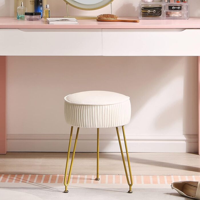 Оксамитова кругла підставка для ніг, бічний столик для макіяжу, оксамитове сидіння для туалетного столика, пуф-табурет, золотисті сталеві ніжки, кремово-білий колір L/G-30M без місця для зберігання, кремово-білий