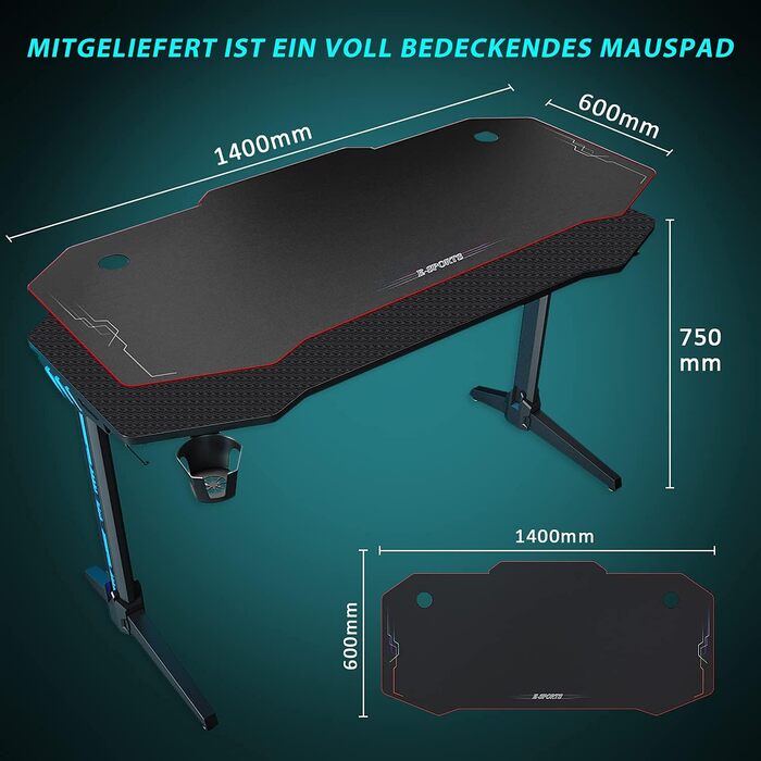 Ігровий стіл SONNI зі світлодіодним освітленням, площа поверхні 140 см/стіл для ПК/ігровий стіл, підтримує 2-3 монітори з килимком для миші, тримачем для напоїв та гачком для навушників, 140 x 60 см