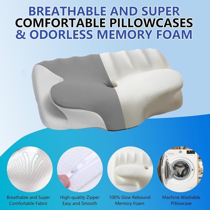 Подушка з піни з ефектом пам&39яті, подушка для шиї, подушка для голови, подушка для підтримки шиї та плечей, підходить для різних поз сну, розмір 60 x 41 x 9/12 см (світло-сірий)