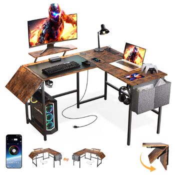 Ігровий стіл із розумним світлодіодним освітленням, L-подібний стіл із подовжувачем для домашнього офісу, кутовий стіл 120-150 см з розеткою, сумка для зберігання, підставка для монітора, вінтажний коричневий колір