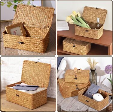 Кошики з натуральної морської трави з кришками - Ротангові кошики з кришками - Плетені кошики з морської трави - Прямокутні плетені кошики з ротанга - Кошики для зберігання речей для ванної кімнати, вітальні, кухні, 3