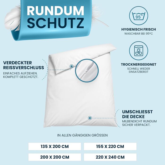 Підковдра Glckstoff із захистом від кліщів 135x200 Сертифіковано в Німеччині - Гіпоалергенна постільна білизна проти кліщів - Гіпоалергенна постільна білизна - Підковдра із захистом від кліщів - Чохол для захисту від кліщів 135 x 200 см