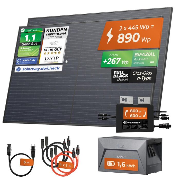 Балконна електростанція Solarway потужністю 890 Вт з накопичувачем 800 Вт, у комплекті з розеткою - Найновіший інвертор 800 Вт - 1,6 кВтгод. Двосторонні сонячні панелі Anker SOLIX 1-445 Вт, Envertech та Anker.