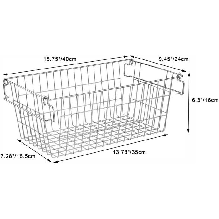 Кошик для зберігання в морозильній камері SANNO, штабелюється, для комори, зберігання та організації, штабелюється, контейнери для зберігання картоплі та цибулі, металеві кошики для зберігання, 4 шт. 40 см (Д) x 24 см (Ш) x 16 см (В), хром
