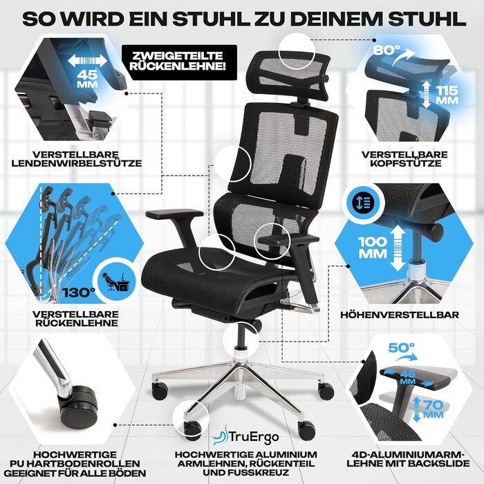 Ергономічне офісне крісло преміум-класу M7 з адаптивною поперековою опорою, ергономічне офісне крісло для домашнього офісу, сітчасте сидіння M7 (чорне)