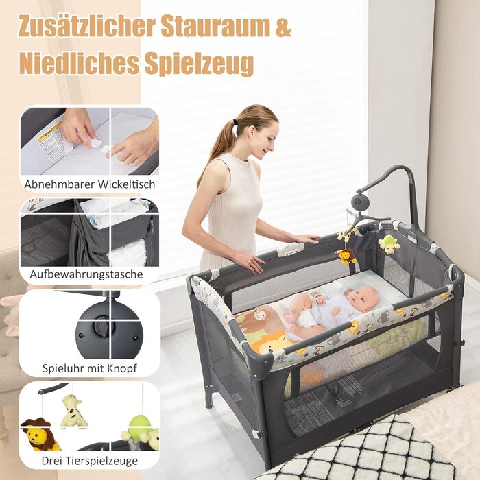 Складане дорожнє ліжечко DREAMADE 4-в-1, дитяче ліжечко з регульованою висотою та пеленальний столик, приліжкове ліжко з сумкою для перенесення, для дітей 0-36 місяців, темно-сіре