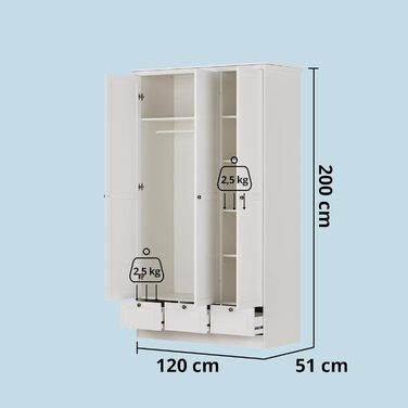 Шафа-купе KHG з орними дверима, біла, 3 двері, 3 шухляди, 1 вішалка для одягу, 5 полиць з регульованою висотою, цоколь, шафа в сільському стилі, 3-дверна