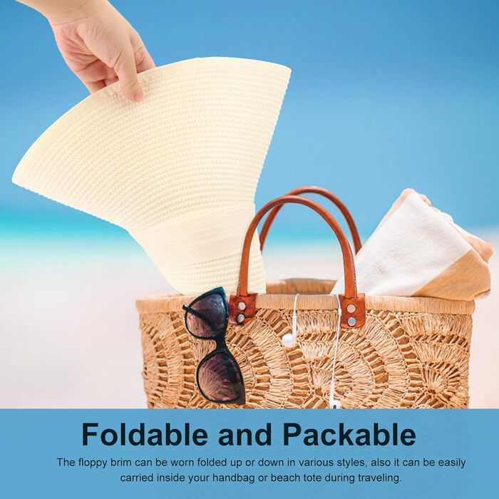 Жіночий широкополий солом&39яний капелюх, складний захисний пляжний капелюх, елегантний літній капелюх, сонцезахисні капелюхи UPF 50, один розмір, білий, Великобританія