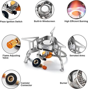 Газова кемпінгова плита Odoland потужністю 3500 Вт з п&39єзоелектричним запалюванням, вітрозахисна газова кемпінгова плита для всіх нагвинчуваних газових картриджних пальників, з адаптером, складна кемпінгова плита, червона з вітровим склом