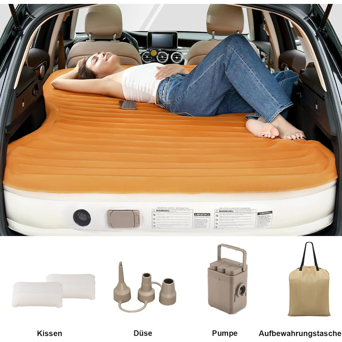 Надувний матрац KMZ SUV з вбудованим насосом та 2 подушками, товстий флокований ПВХ, швидке надування за 90 секунд, портативний та міцний автомобільний надувний матрац для кемпінгу, подорожей, вантажівок