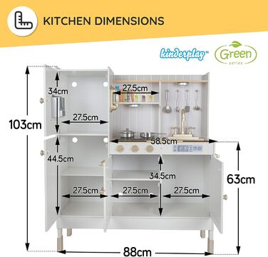 Зелена серія Велика дитяча кухня з дерева ігрова кухня з дерева для дітей - два рівні висоти 89 см і 103 см, світлодіодне освітлення, аксесуари дитяча кухня зі світлом і звуком, GS0060-1