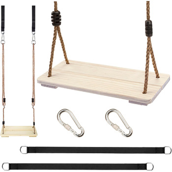 Дерев'яні гойдалки KINSPORY, садові гойдалки з регульованою конопляною мотузкою, для внутрішнього та зовнішнього використання, сид
