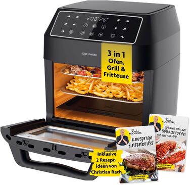 Цифрова фритюрниця Rachs KOCHWERK 12 літрів з пакетом аксесуарів XXL Духовка, гриль і фритюрниця з оглядовим вікном і сенсорним екраном Фритюрниця без олії 10 програм і функція таймера