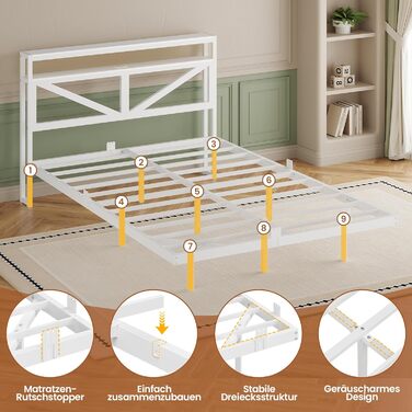 Плаваючий каркас ліжка 140x200 зі світлодіодним освітленням та зарядною станцією, Плаваючий каркас ліжка з узголів&39ям для зберігання, Металеве ліжко з металевою рейковою основою, Гостьове ліжко, Двоспальне ліжко, Дитяче ліжко - без матраца, 140 x 200 см