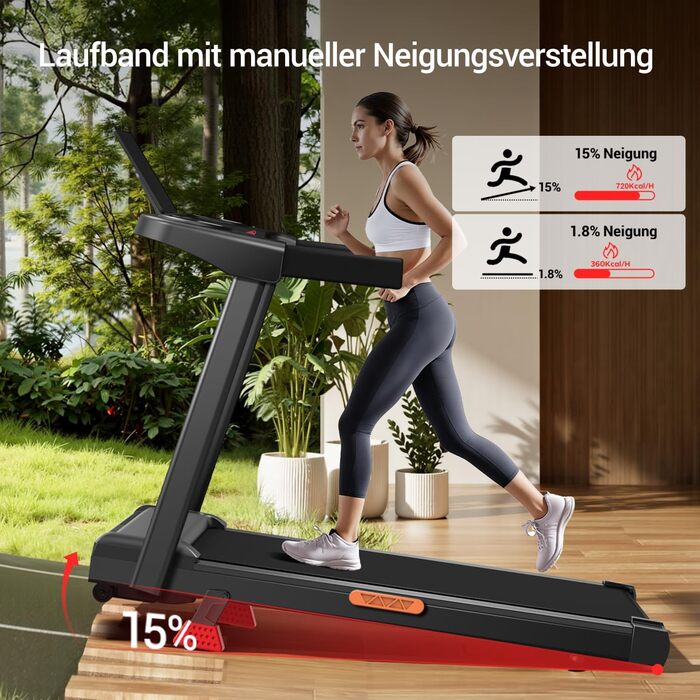 Складана бігова доріжка для домашнього використання з нахилом 9-15, швидкістю 12 км/год, двигуном 3,0 к.с. та 12 попередньо встановленими програмами, максимальне навантаження 136 кг, нахил 15