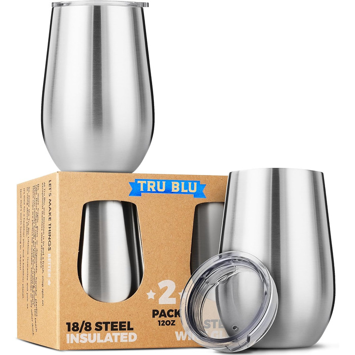 Келихи для вина з нержавіючої сталі Tru Blu Steel, з подвійними стінками, ізольовані, з кришкою - набір 2, металевий келих для вин