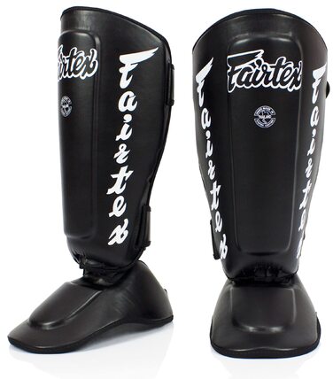 Щитки для гомілок Fairtex SP7 для муай-тай для чоловіків, жінок та дітей Виготовлені зі шкіри Syntek, високоякісні, легкі та міцні Знімний захист гомілки та стопи, чорні, розмір L