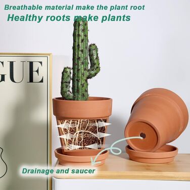 Теракотовий горщик для рослини 15,2 см з блюдцем 4 шт. великий теракотовий квітковий горщик з дренажним отвором, квітковий горщик з піддоном, теракотовий горщик для використання в приміщенні та на вулиці, коричневий