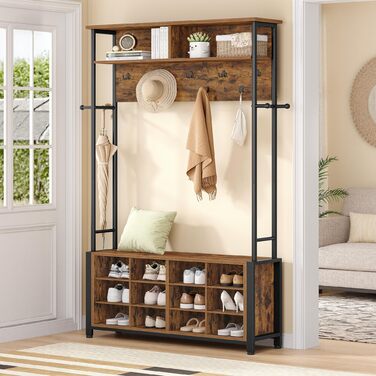 Вішалка для одягу Hzuaneri з лавкою для взуття, шафа з 13 гачками, 14 відкритими відділеннями, регульовані полиці, вішалка для одягу для коридору, вхідної зони, 31 x 108 x 187 см, вінтажний коричнево-чорний HT17901B