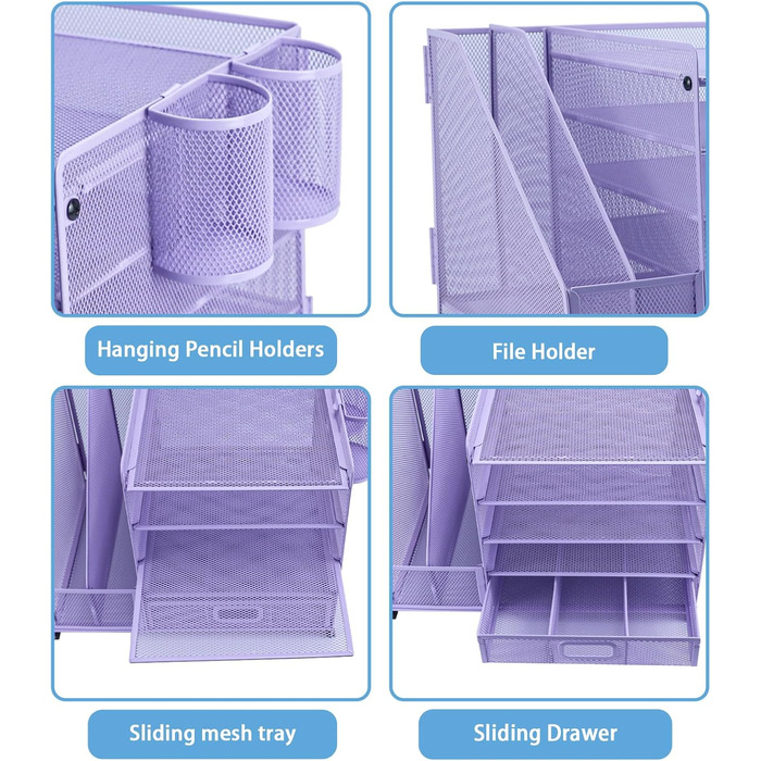 Органайзер для столу, тримач для файлів з 2 тримачами для ручок, 5 рівнів, лоток для паперів та листів з шухлядою, сітчастий настільний органайзер з тримачем для журналів та канцелярського приладдя, фіолетовий/фіолетовий, 5 рівнів