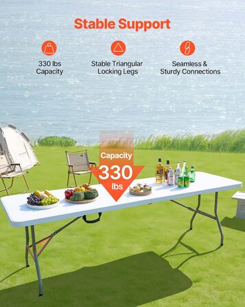 Розкладний фуршетний стіл VEVOR, портативний універсальний стіл, 244 см, прямокутний пластиковий стіл (для 6-8 осіб) з інтегрованою ручкою, садовий стіл, кемпінговий стіл для вечірок, пікніків, кемпінгу, білий