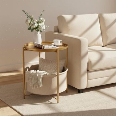 Круглий приставний столик danpinera, золотий приставний столик із місцем для зберігання, маленький столик для ліжка, круглий металевий маленький столик для вітальні, спальні, дитячої кімнати, золотий з тканинним кошиком для зберігання