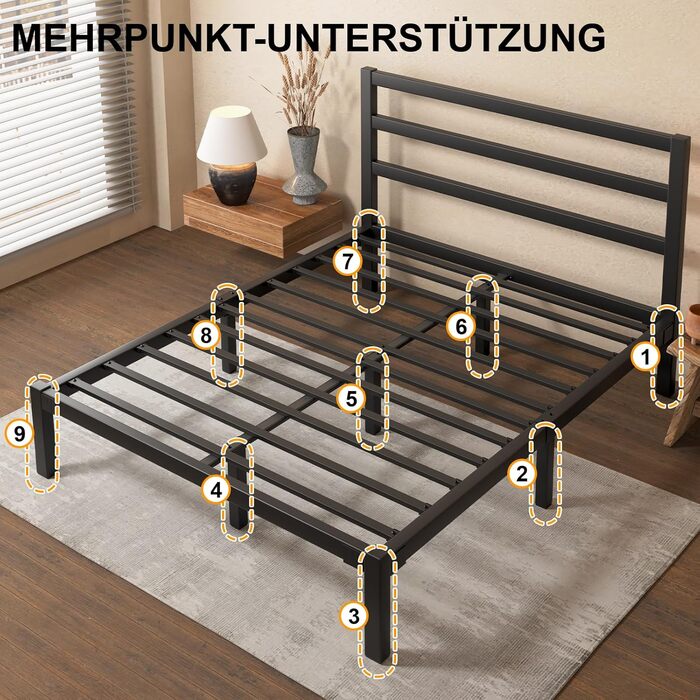 Ліжко 140200 см, металевий каркас ліжка з платформою, узголів&39ям та узніжжям, місце для зберігання речей під ліжком, рейкова основа не потрібна, легке складання, сучасне, чорне 140 x 200 см чорний