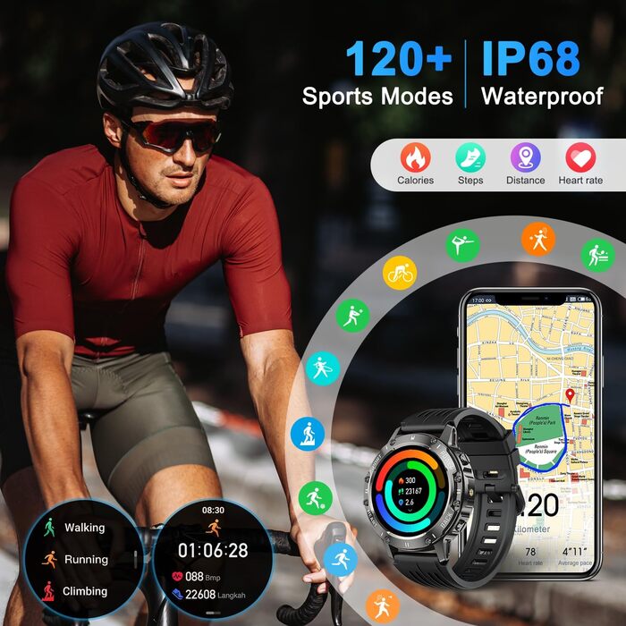 Військовий смарт-годинник для чоловіків з функцією телефону водонепроникний фітнес-трекер, смарт-годинник з Bluetooth-дзвінками та серцевим ритмом, монітором сну, крокоміром, спортивним годинником, Android/iOS, чорним